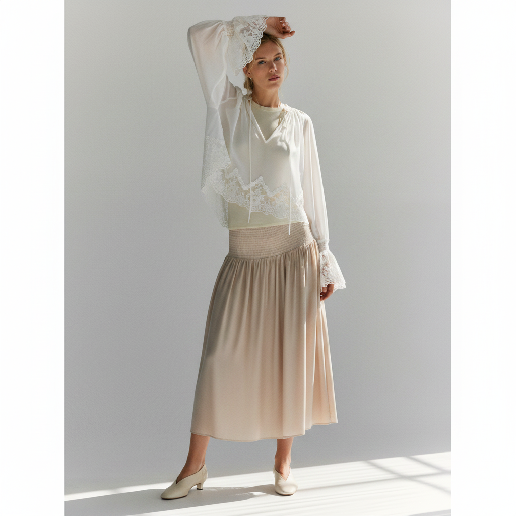 Women's White Lace-Trimmed Smocked Skirt