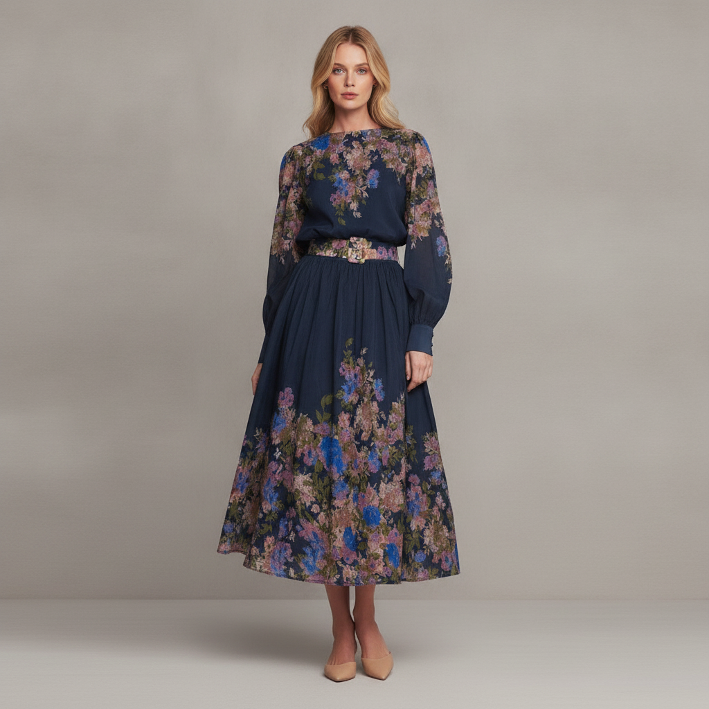 FLYING TOMATO Long Sleeve Belted Midi Dress - Navy
