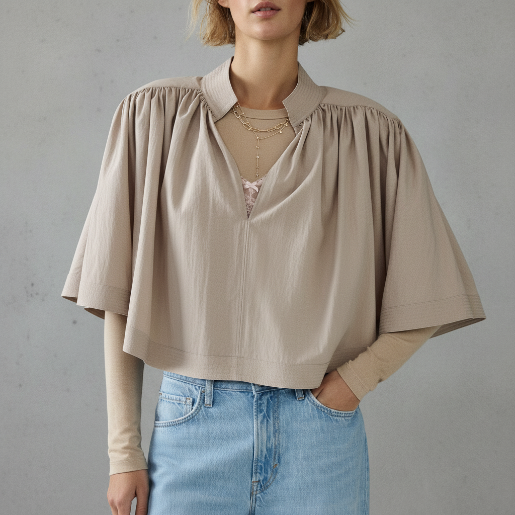Shoulder-Pad Cape Blouse - pictured with Beige Abardsion Long Sleeve Fitted Shell