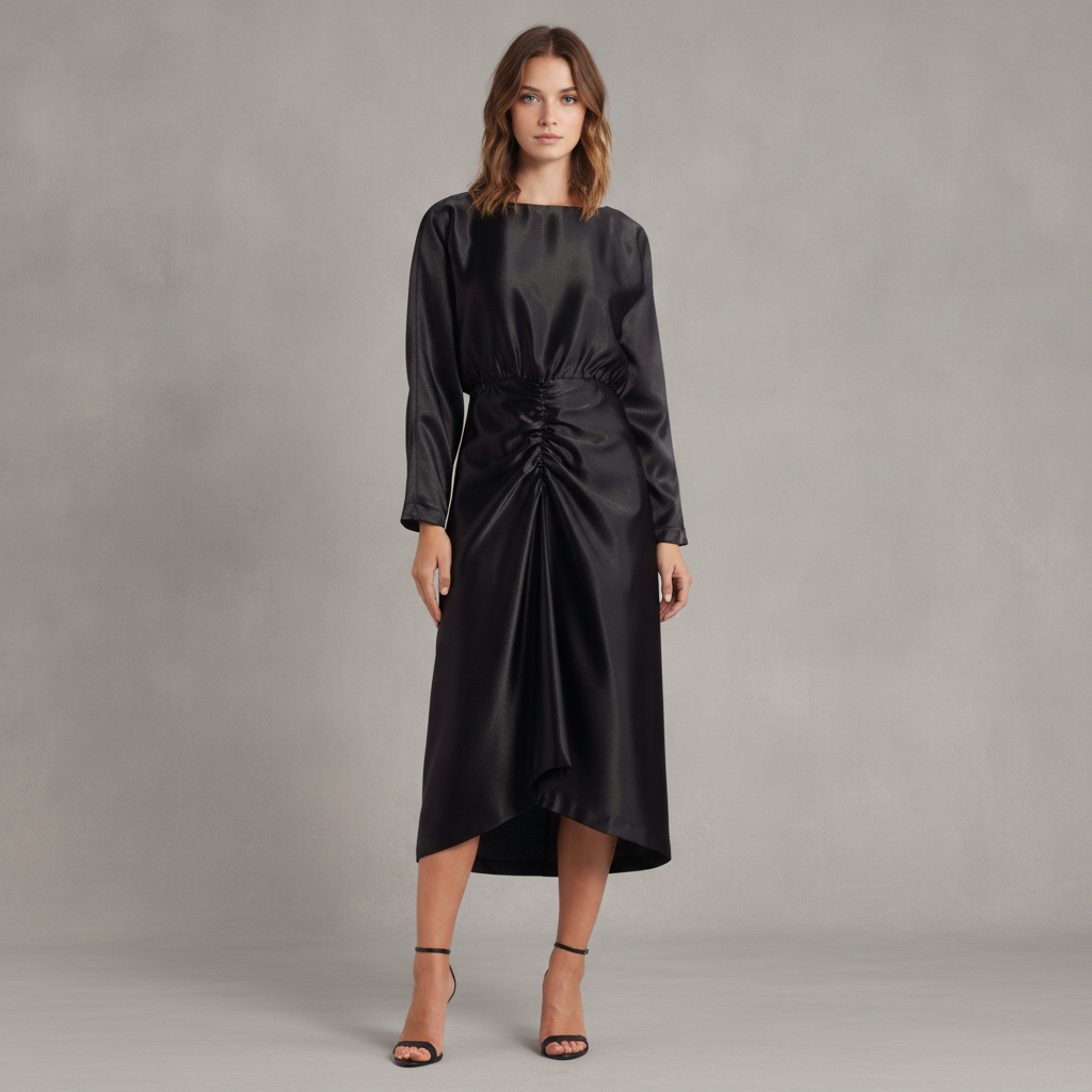 Long Sleeve Satin Cocktail Midi Dress