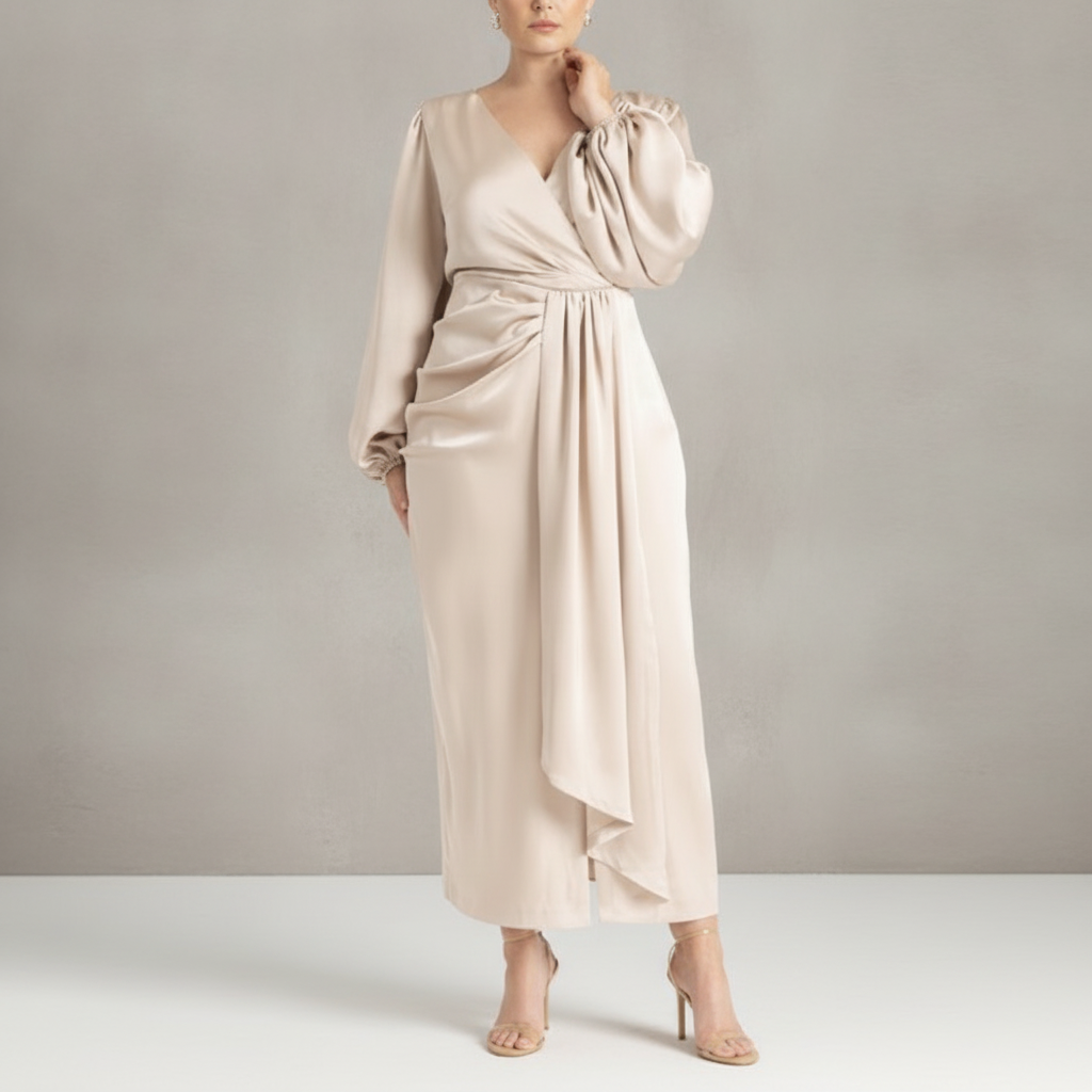 ELOQUII Women's Pleated Satin Puff-Sleeve Maxi Dress - Light Tan