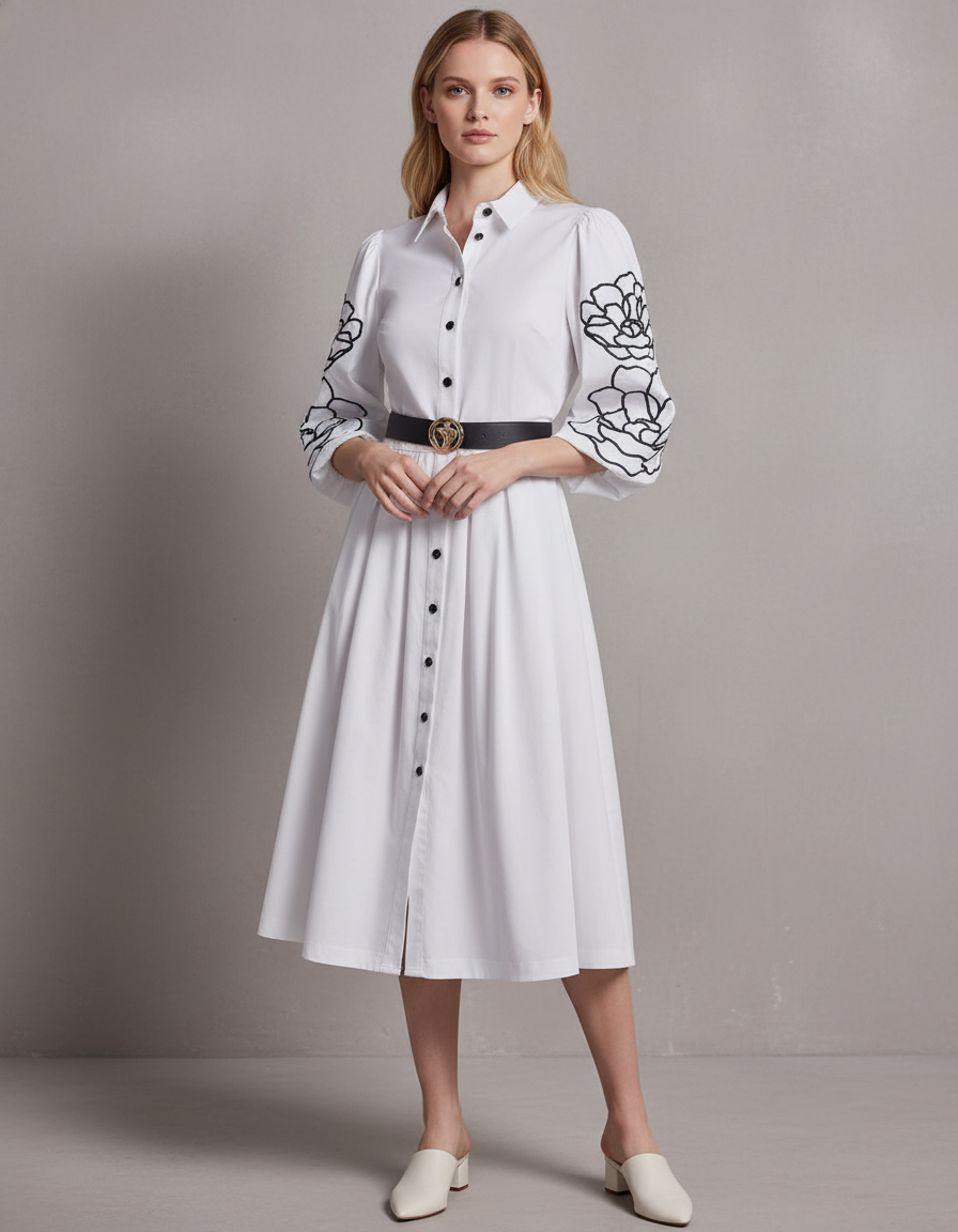 Karl Lagerfeld Paris Floral Puff Sleeve Midi Dress
