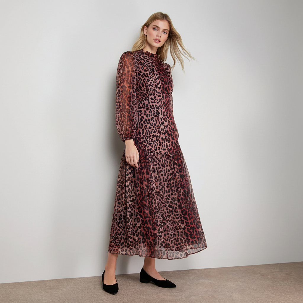 Printed Dropped Curved Waist Long Sleeve Maxi Dress