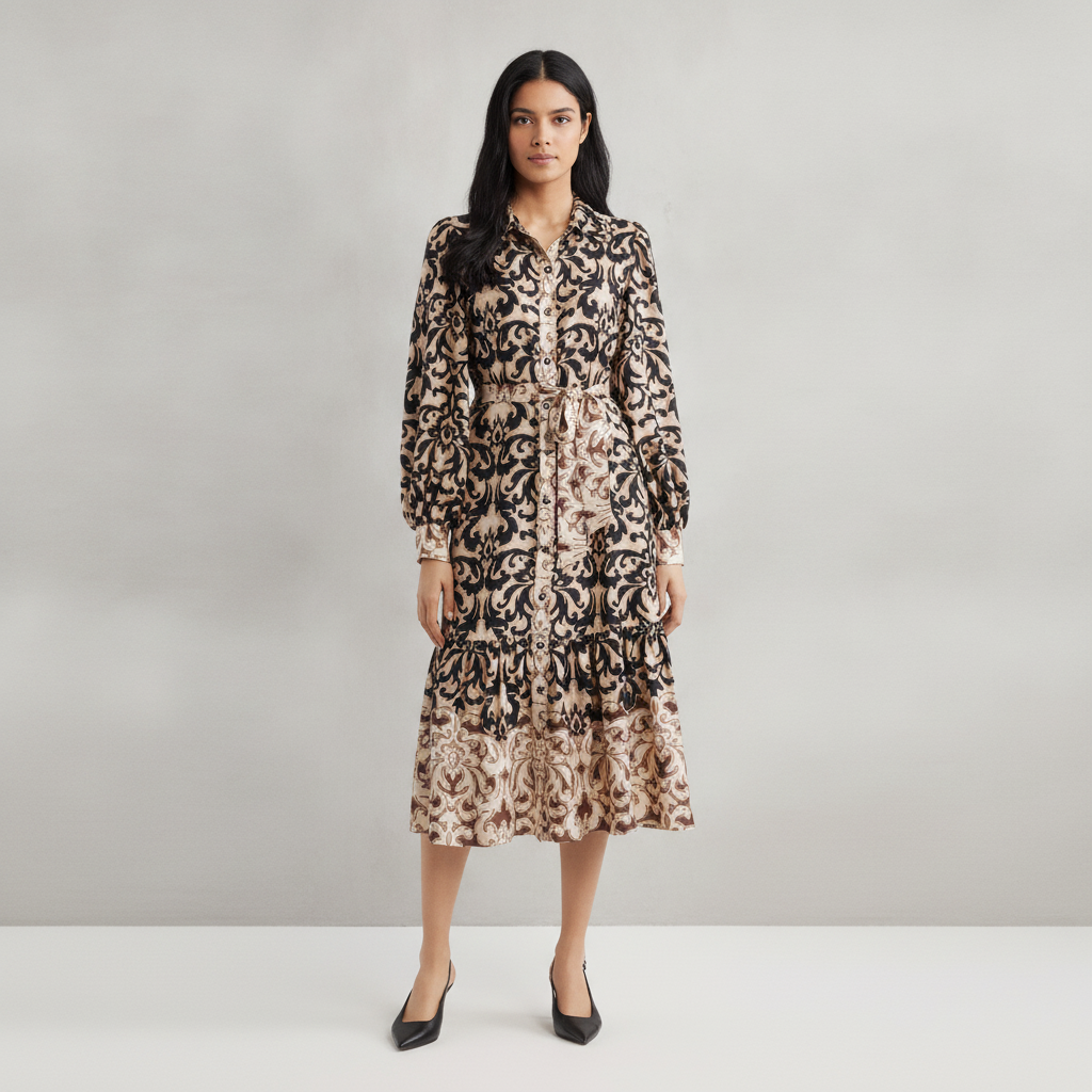 Print Tie Waist Midi Shirtdress
