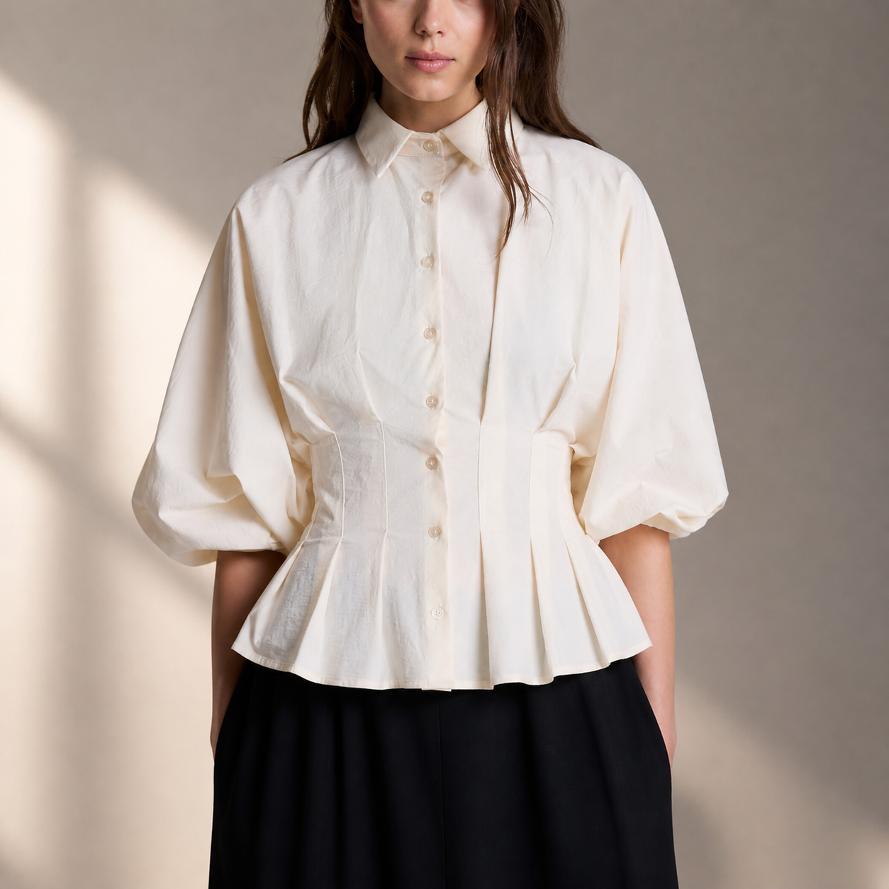 Women's Pleated Button-Front Peplum Shirt