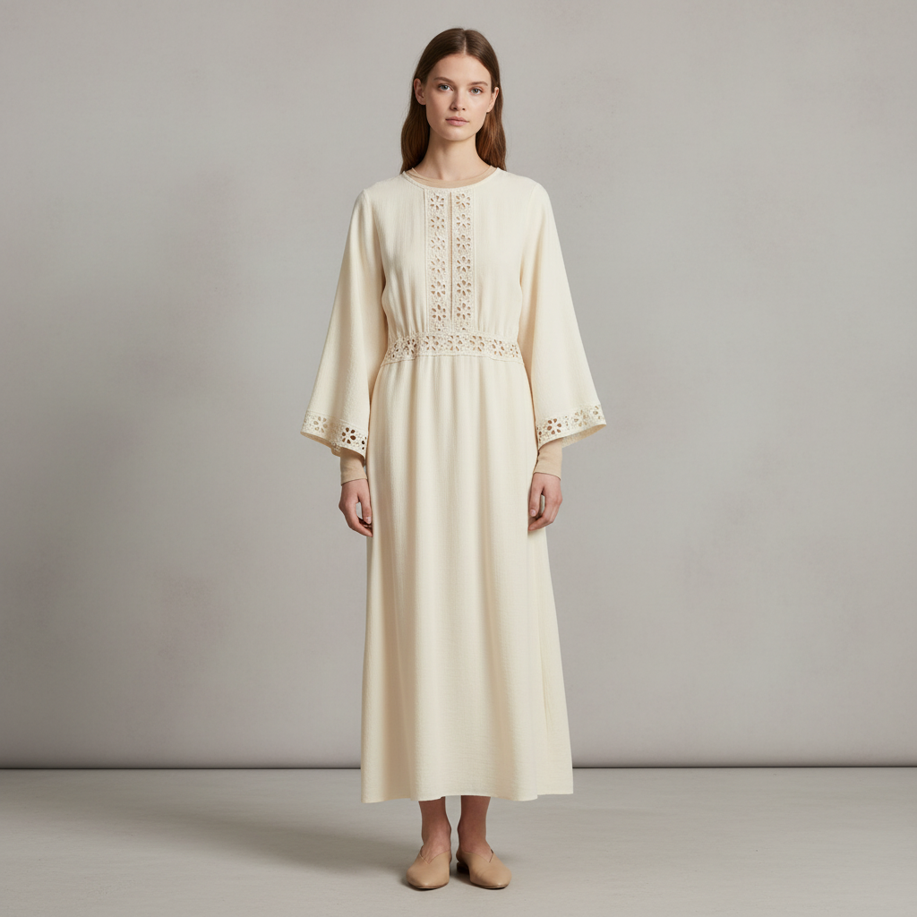 Crochet-look Tunic Dress - pictured with Beige Abardsion Long Sleeve Fitted Shell