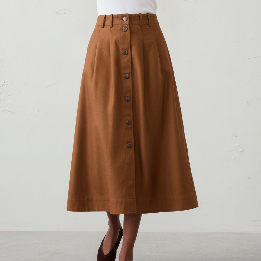 Seamed Button-Front Midi Skirt