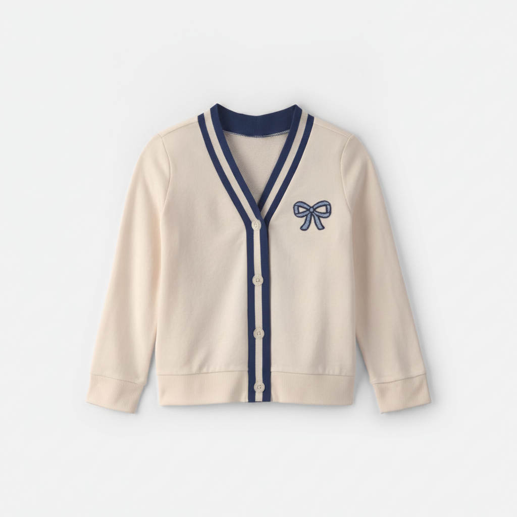 Girls Bow French Terry Cardigan Sweater Cream