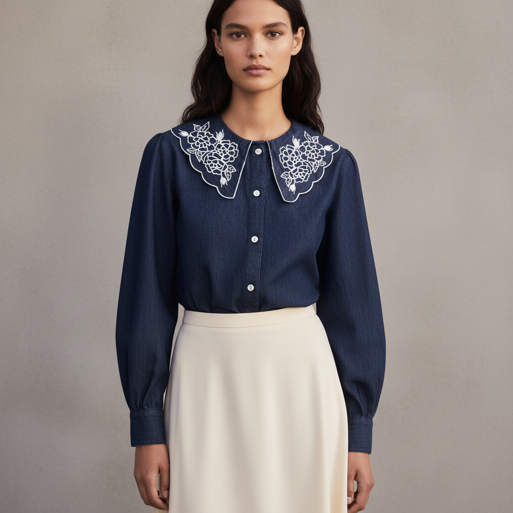 Women's Dark denim blue Embroidered-Collar Denim Blouse