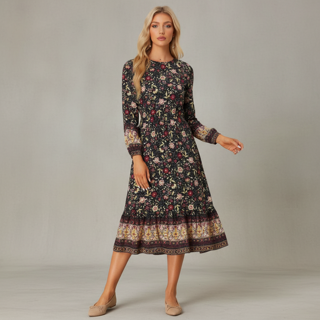 Allegra K Women's Boho Floral Elastic Waist Flowy Long Sleeves Midi Dress Medium Black