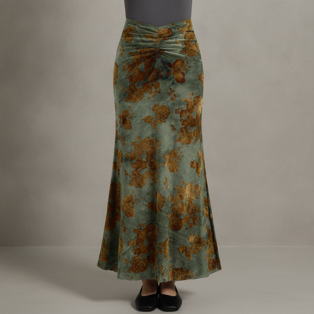 Mid Rise Floral Ruched Maxi Mermaid Skirt