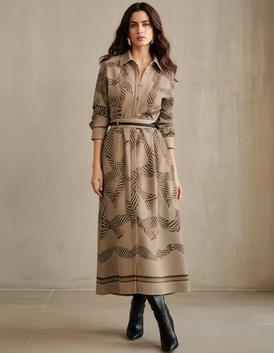 Deer Print  Long Sleeve Shirt & Midi Skirt 2 Piece Set With Belt