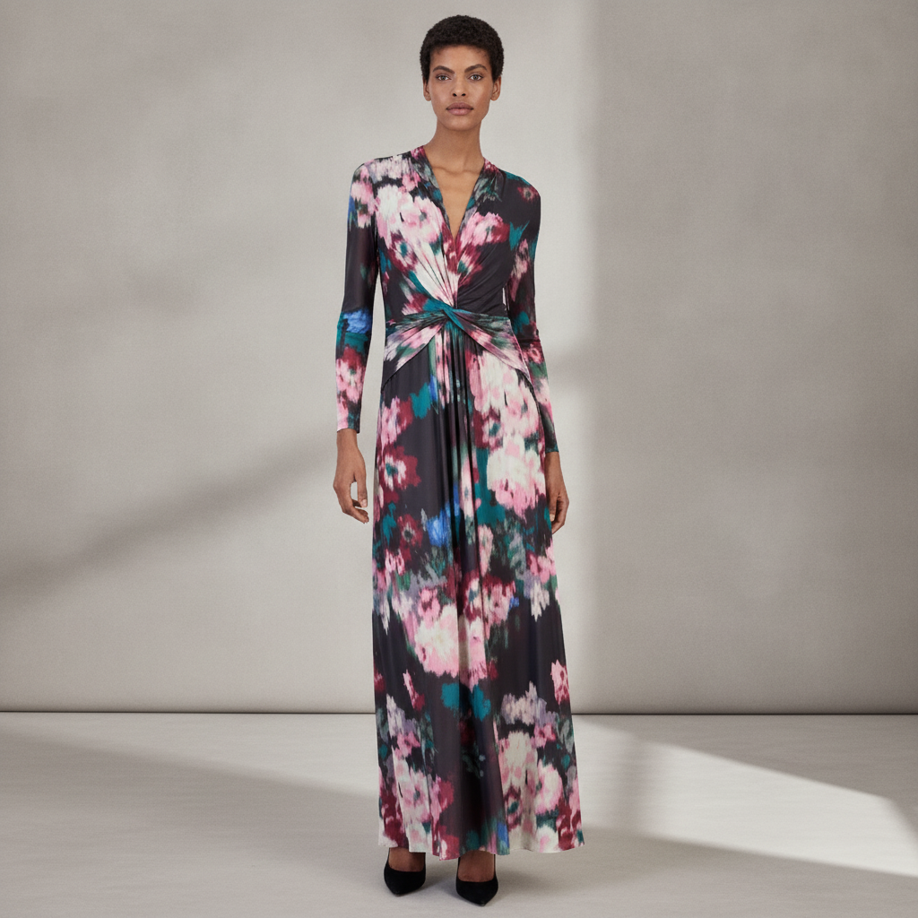 Petite Mesh Twist Front Floral Long-Sleeve Maxi Dress