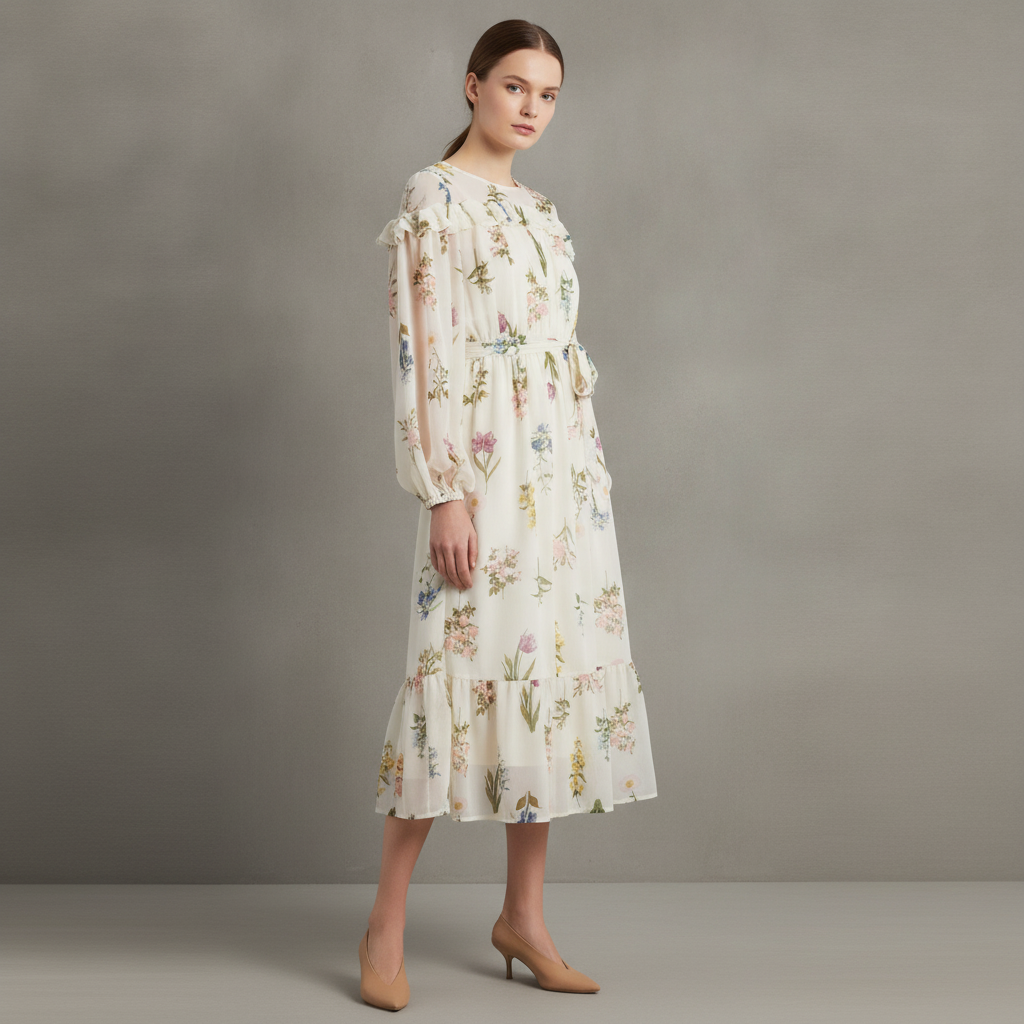 Printed Ruffle Long Sleeve Tie Belt Chiffon Midi Dress