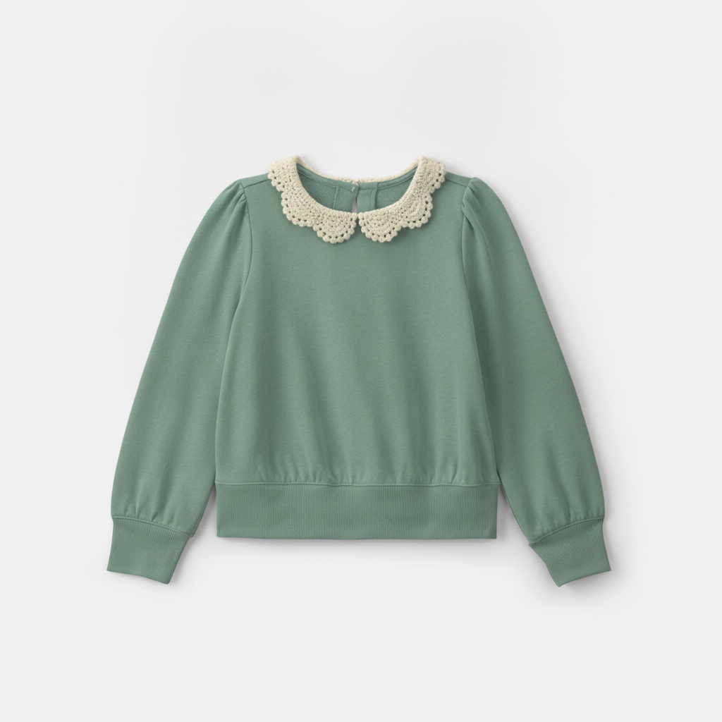 Girls Floral Collar French Terry Pullover Sweatshirt Green