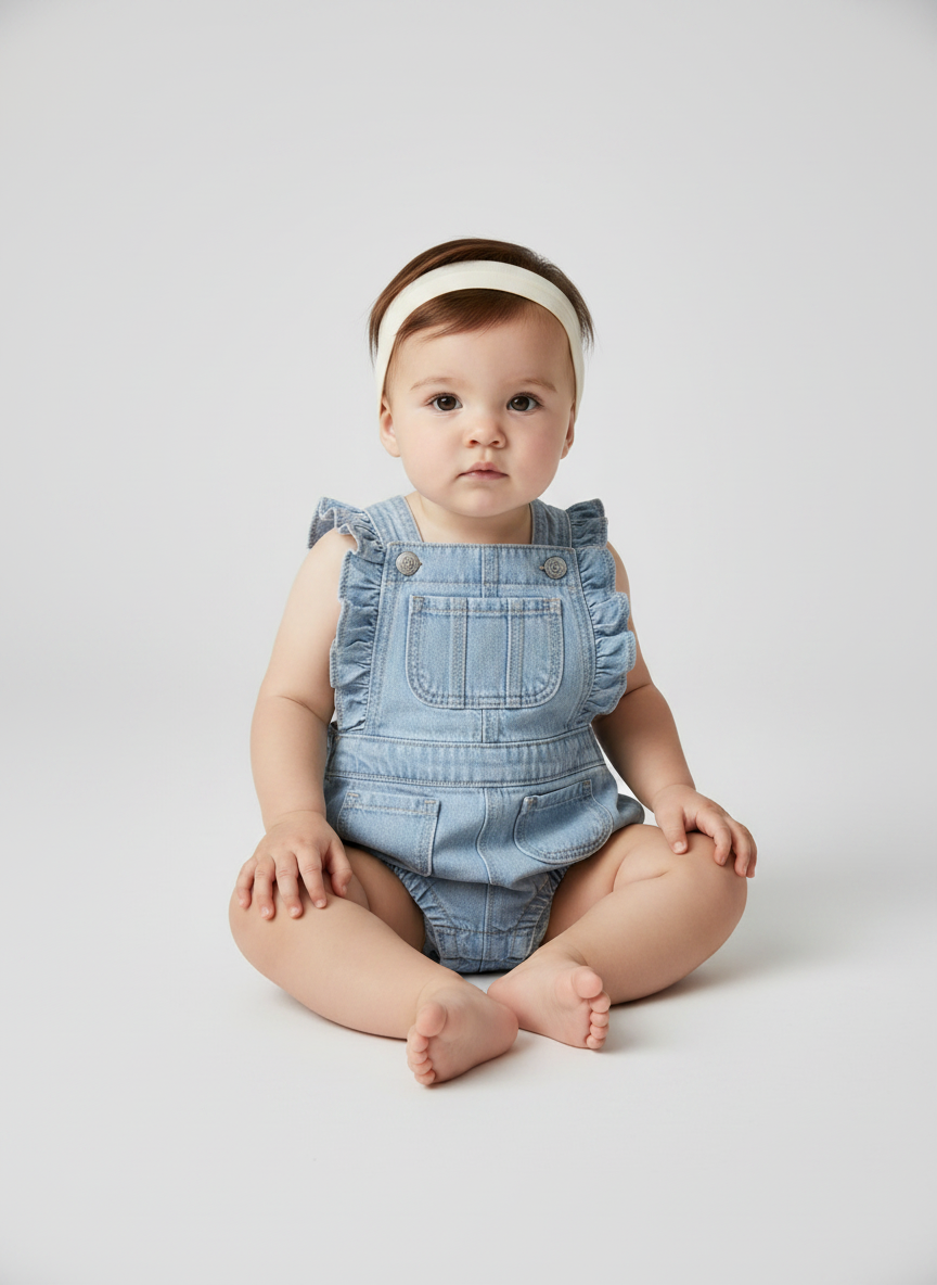 Ruffle-Trim Jean One-Piece Romper for Baby
