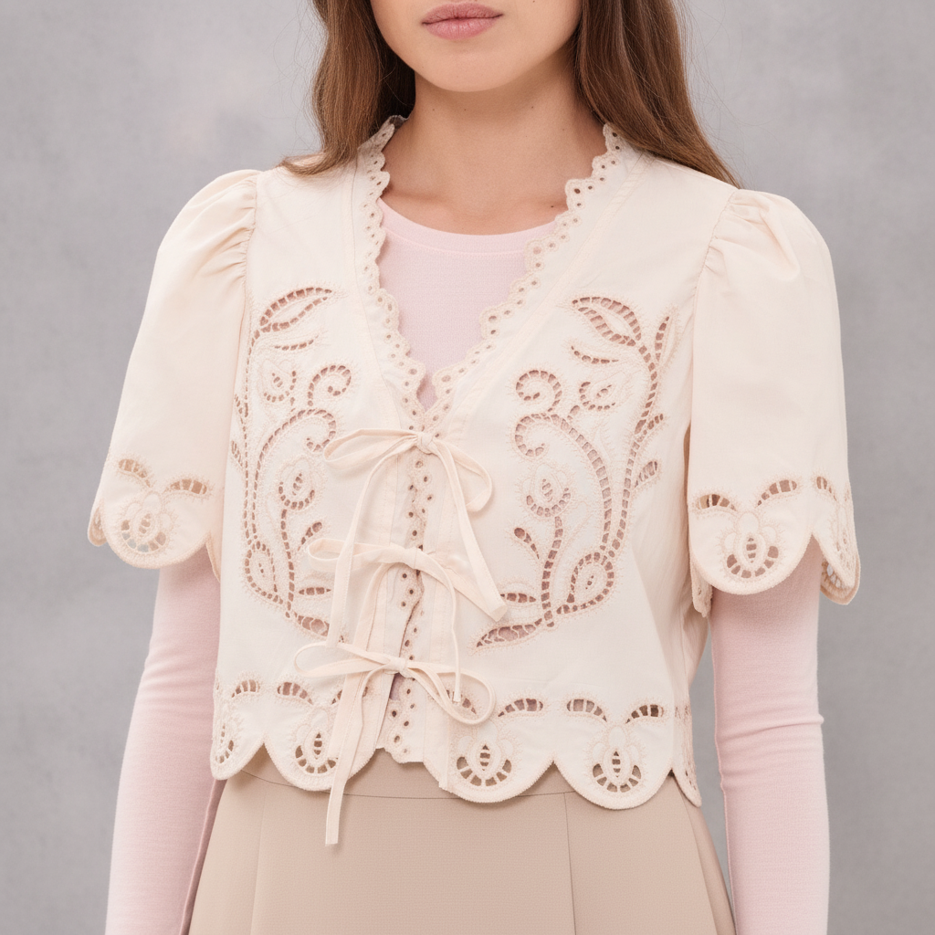 Moon River Short Sleeve Embroidered Eyelet Front Tie Top - pictured with Baby Pink Abardsion Long Sleeve Fitted Shell