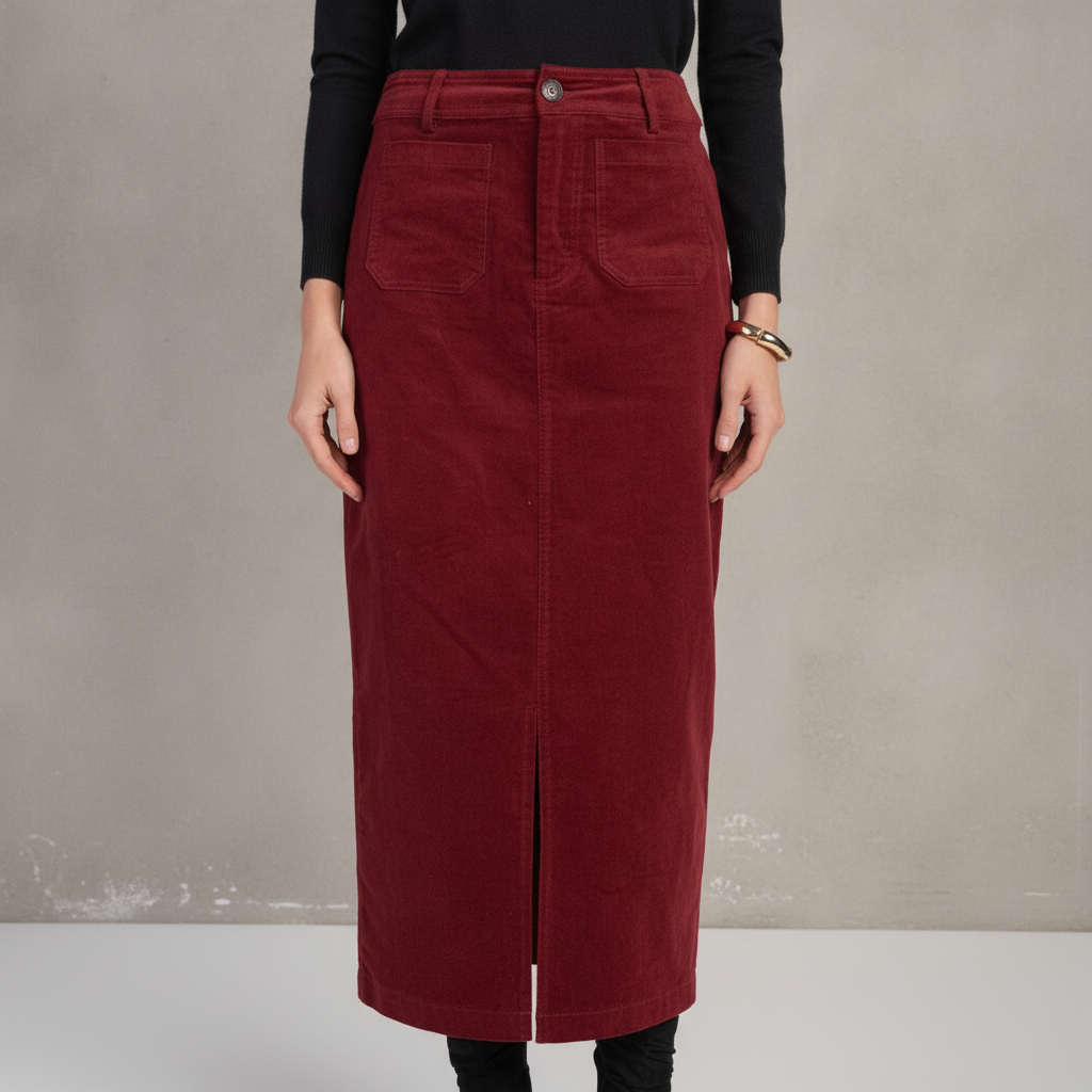 Pocket Midi Skirt- Cherry Lacquer Corduroy