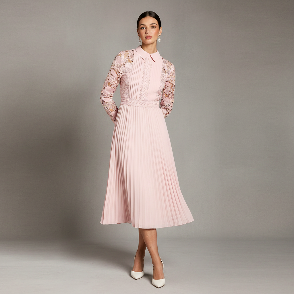 Long Sleeve Lace and Pleated Midi Shirt Dress