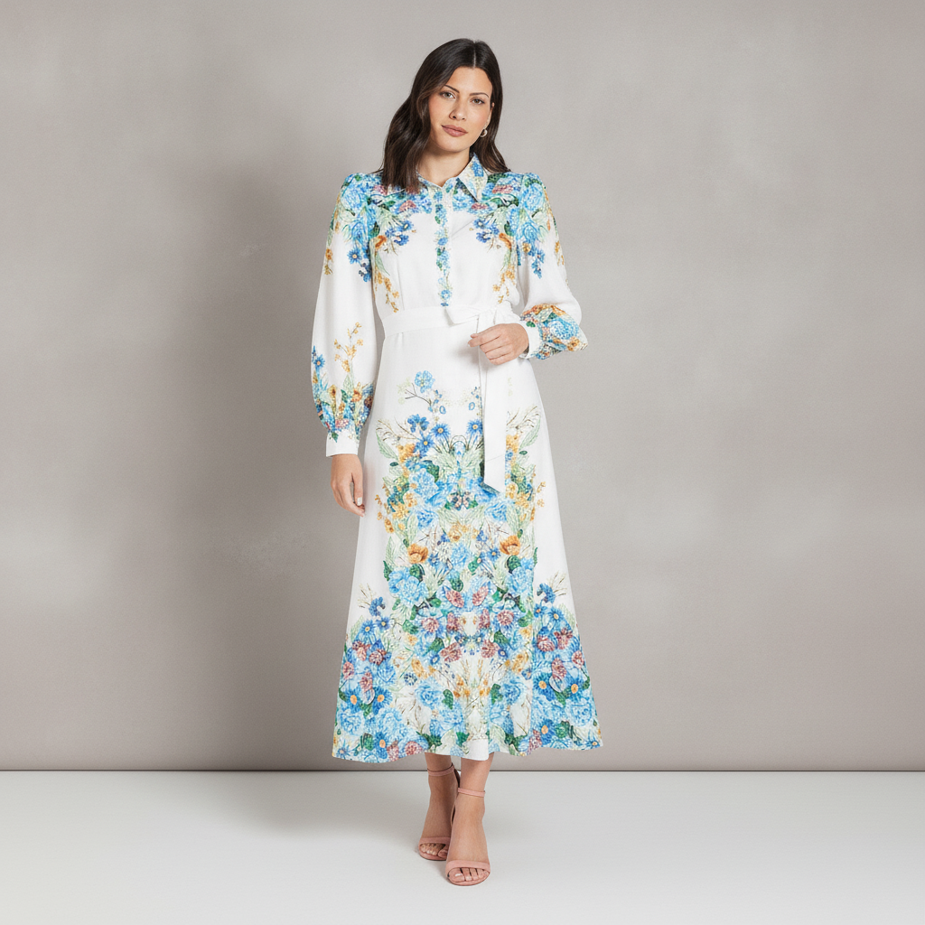 Floral Western Belted Midi Shirt Dress