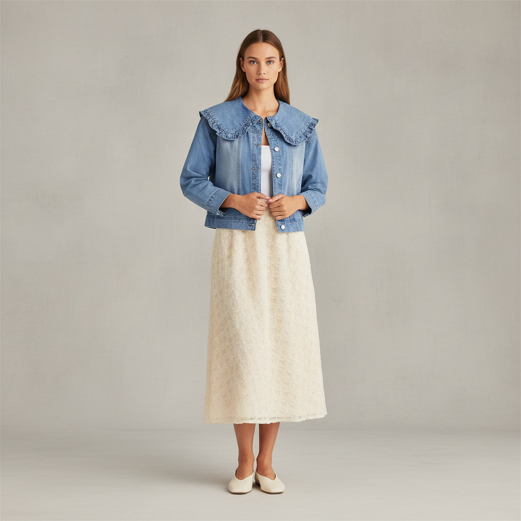 Women Casual Denim Jacket Long Sleeve Collared Shirt Coat with Pockets