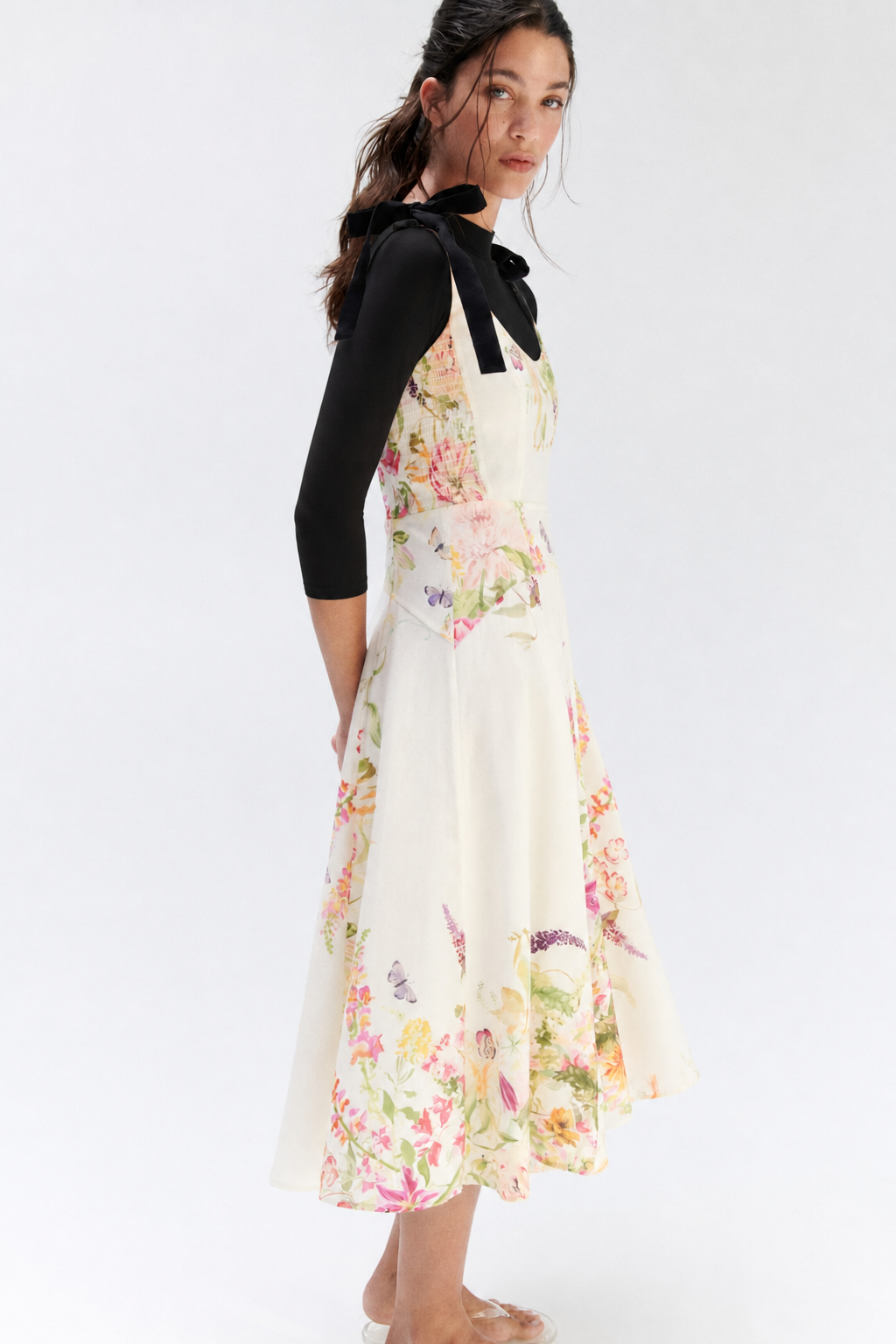 Flared Dress with Tie Shoulder Straps - White/Floral