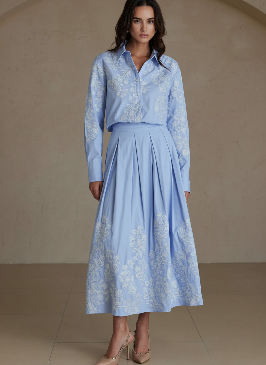 Striped Skirt & Blouse With Embroidery Detailing