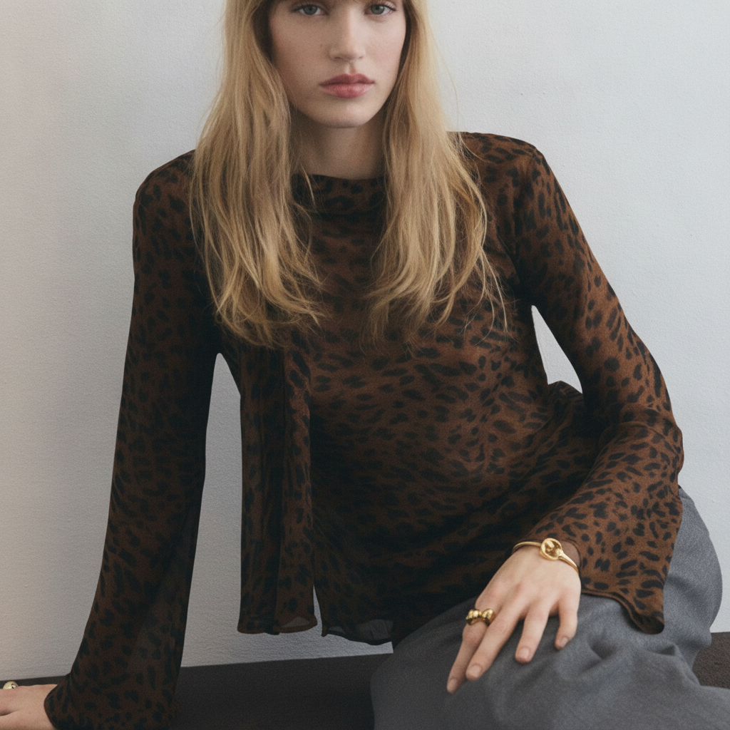 Leopard-print blouse with scarf