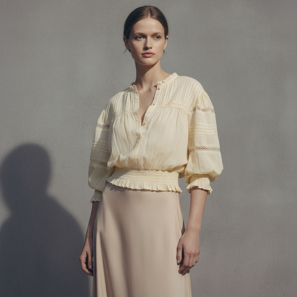 Women's Light yellow Pintucked Cotton Blouse