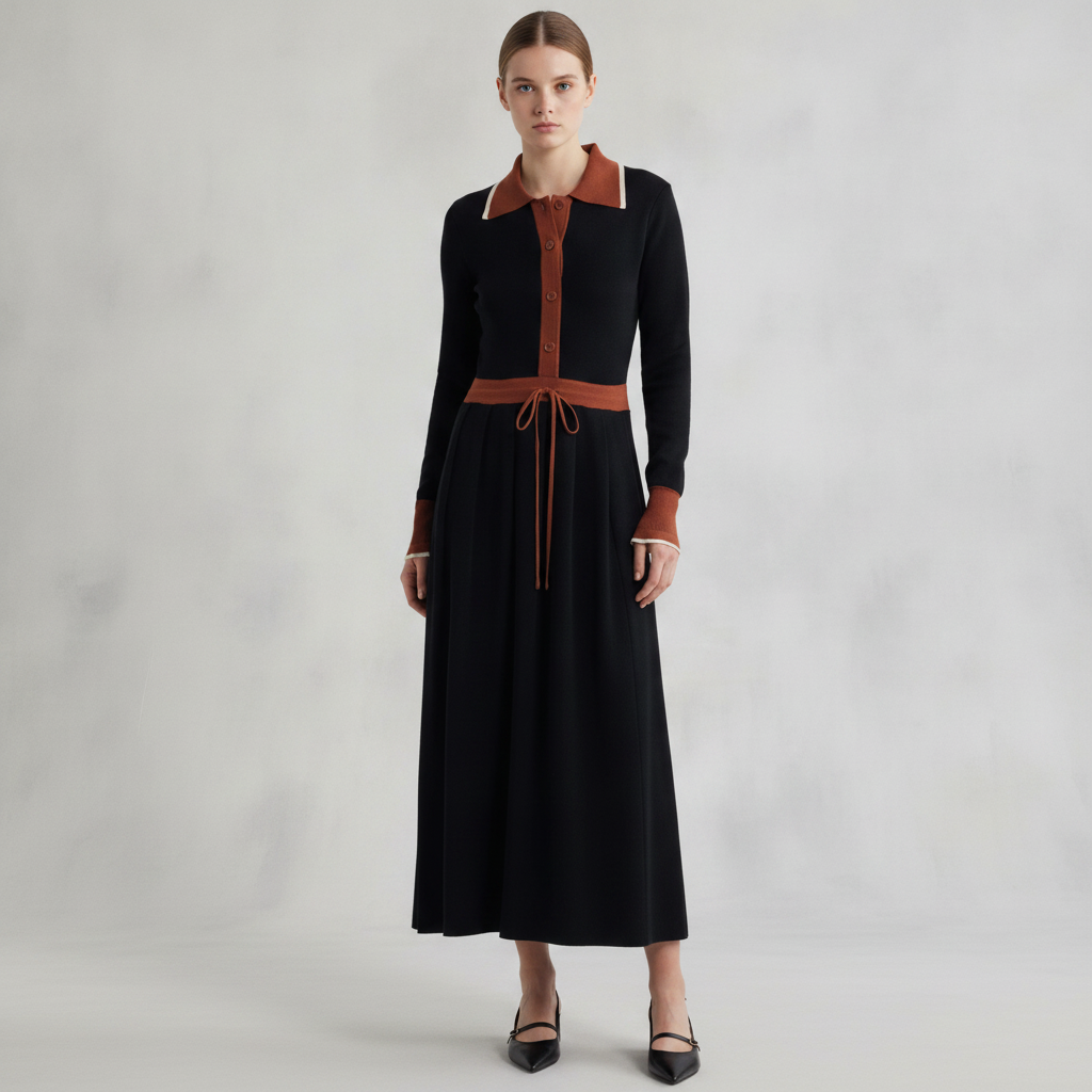 Tipped Long Sleeve Drawstring Waist Sweater Dress