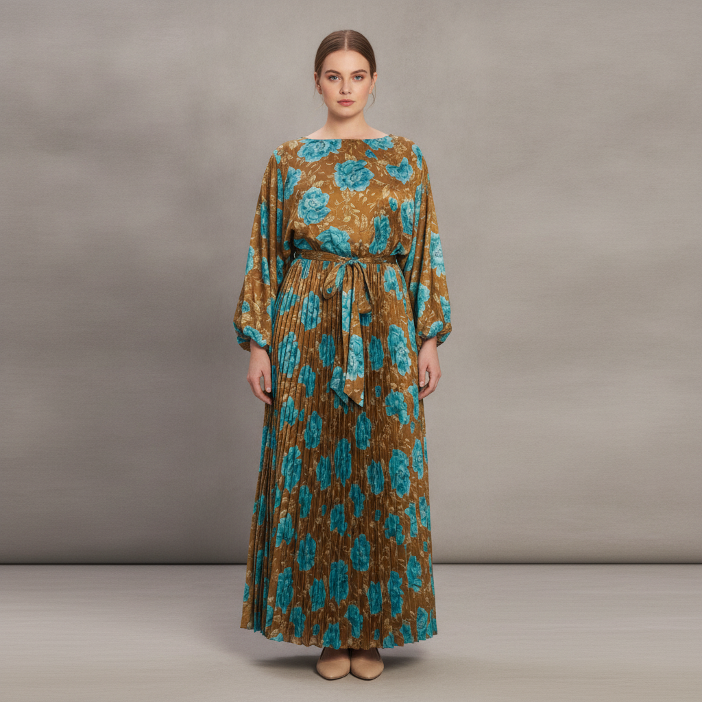 Floral Long Sleeve Pleated Maxi Dress
