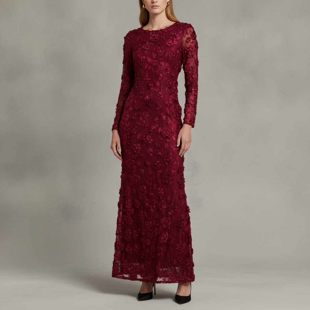 Long Sleeve 3D Floral Mesh Dress - Exclusive