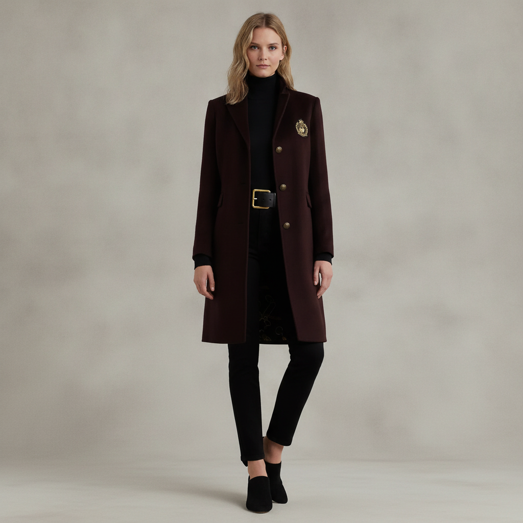 Crest Patch Wool Blend Reefer Coat