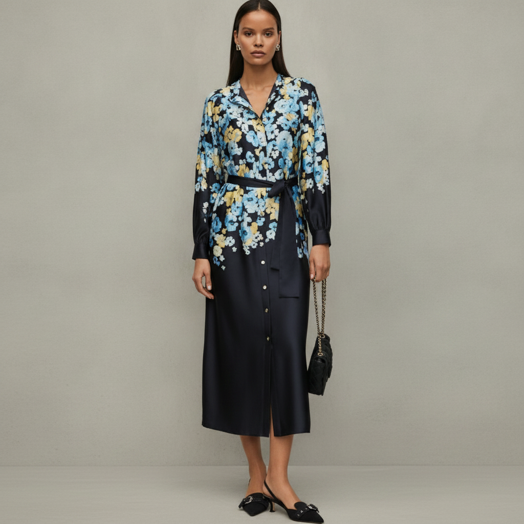 Floral Satin Midi Shirtdress