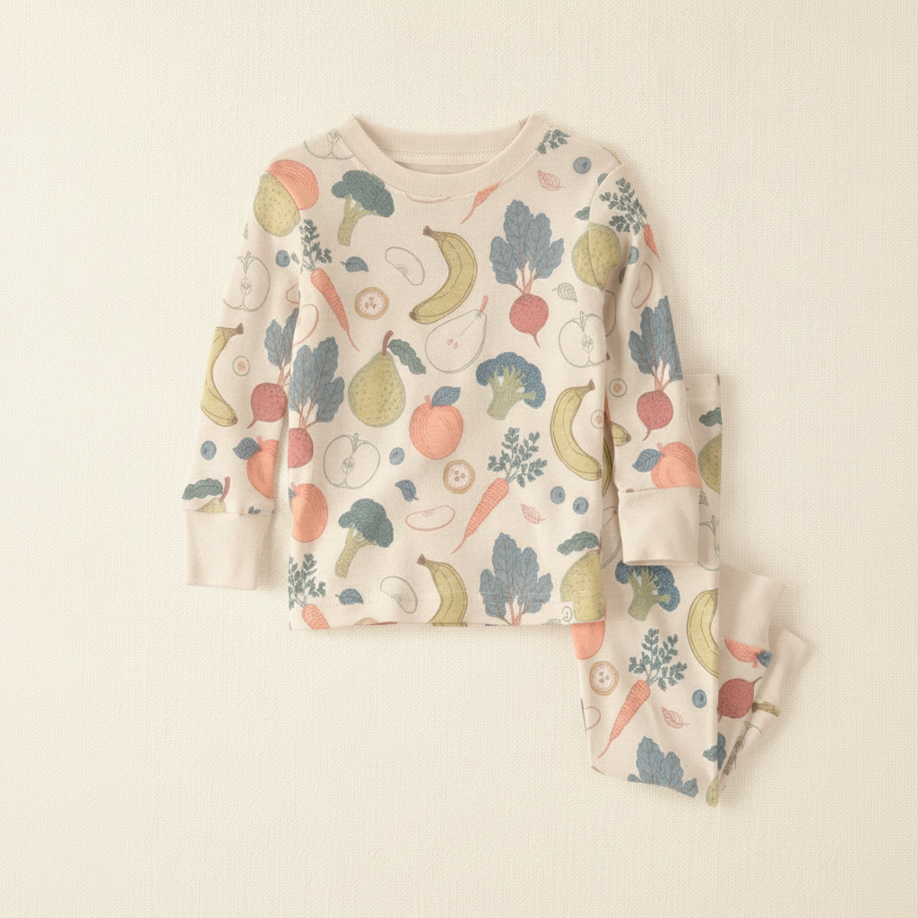 Baby 2 Piece Organic Cotton Ribbed Pajama Set In Veggie Fruit Print