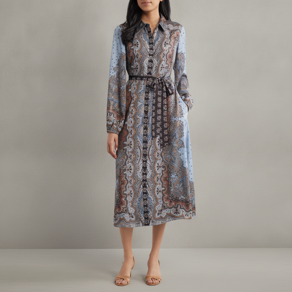 Mixed Paisley Long Sleeve Midi Shirtdress