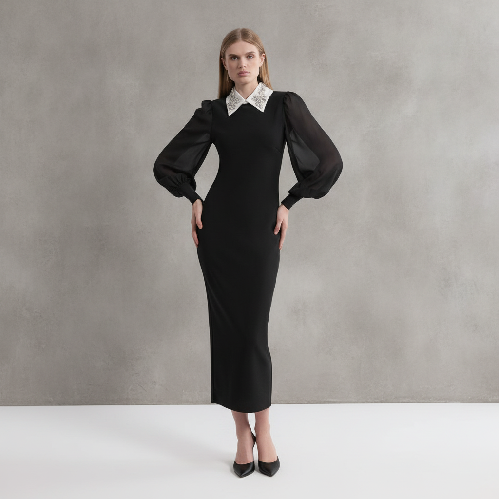 Embellished Collar Knit Midi Dress
