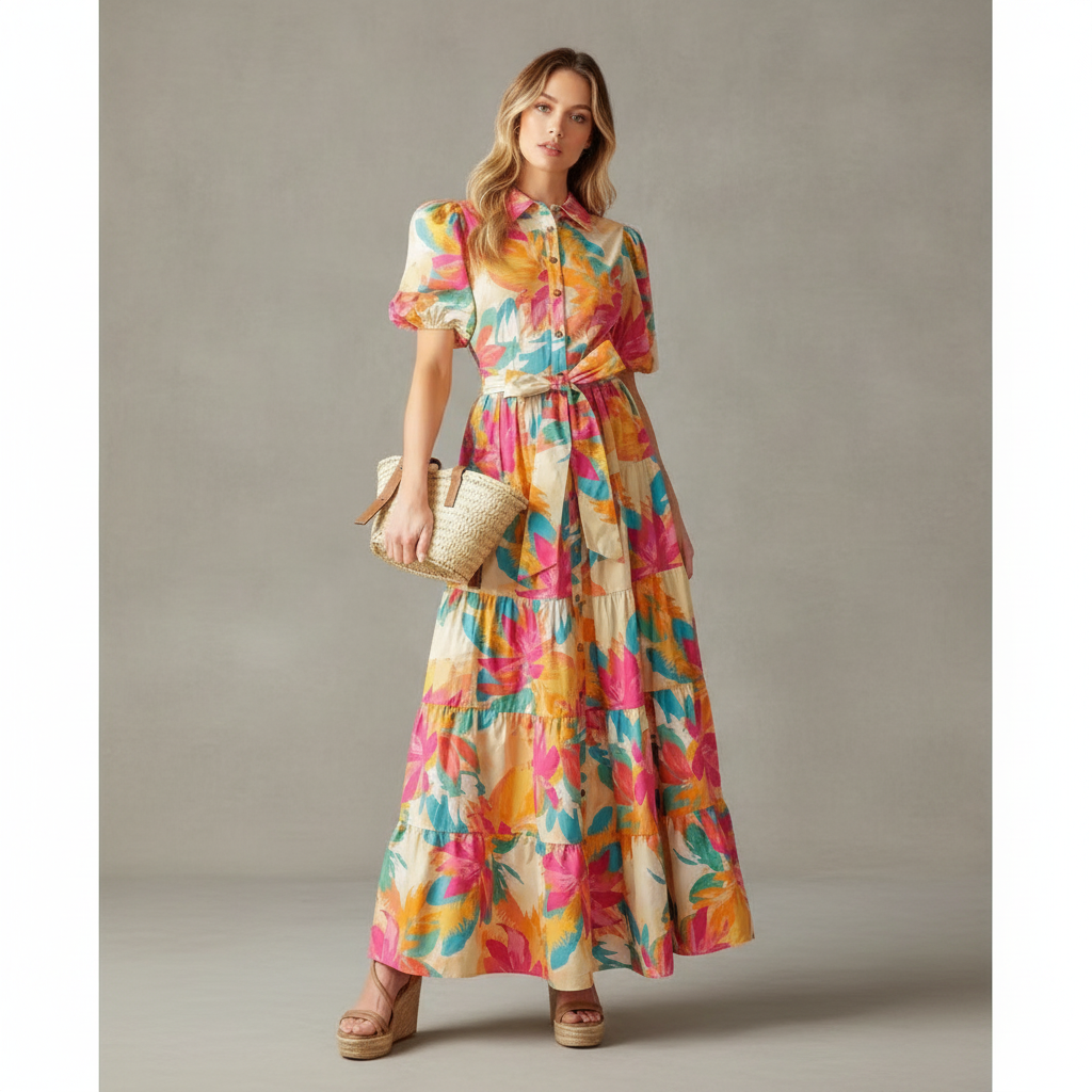 Floral Short Sleeve Maxi Shirtdress FLYING TOMATO
