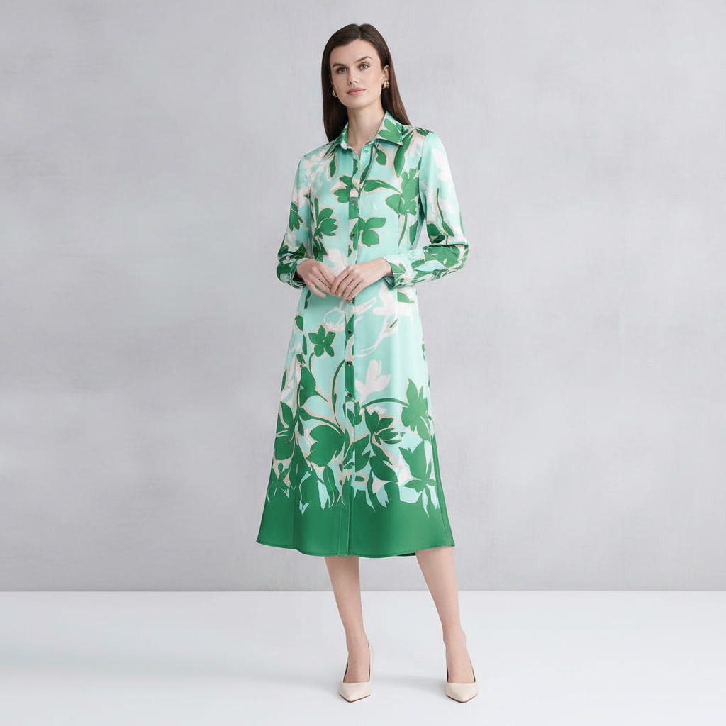 Floral Printed Crepe de Chine Maxi Shirt Dress