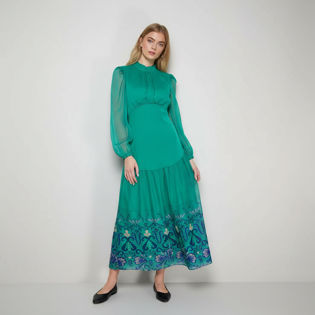 Printed Dropped Curved Waist Long Sleeve Maxi Dress