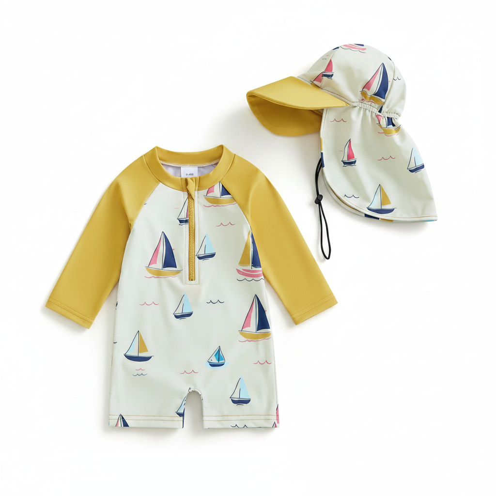 Loicainy Toddler Baby Kids Boy Rash Guard Swimsuit with Hat 3 6 12 18 24 Months 2T 3T 4T 5T Sailboat Print Zip Up Long Sleeve Crew Neck Swimwears