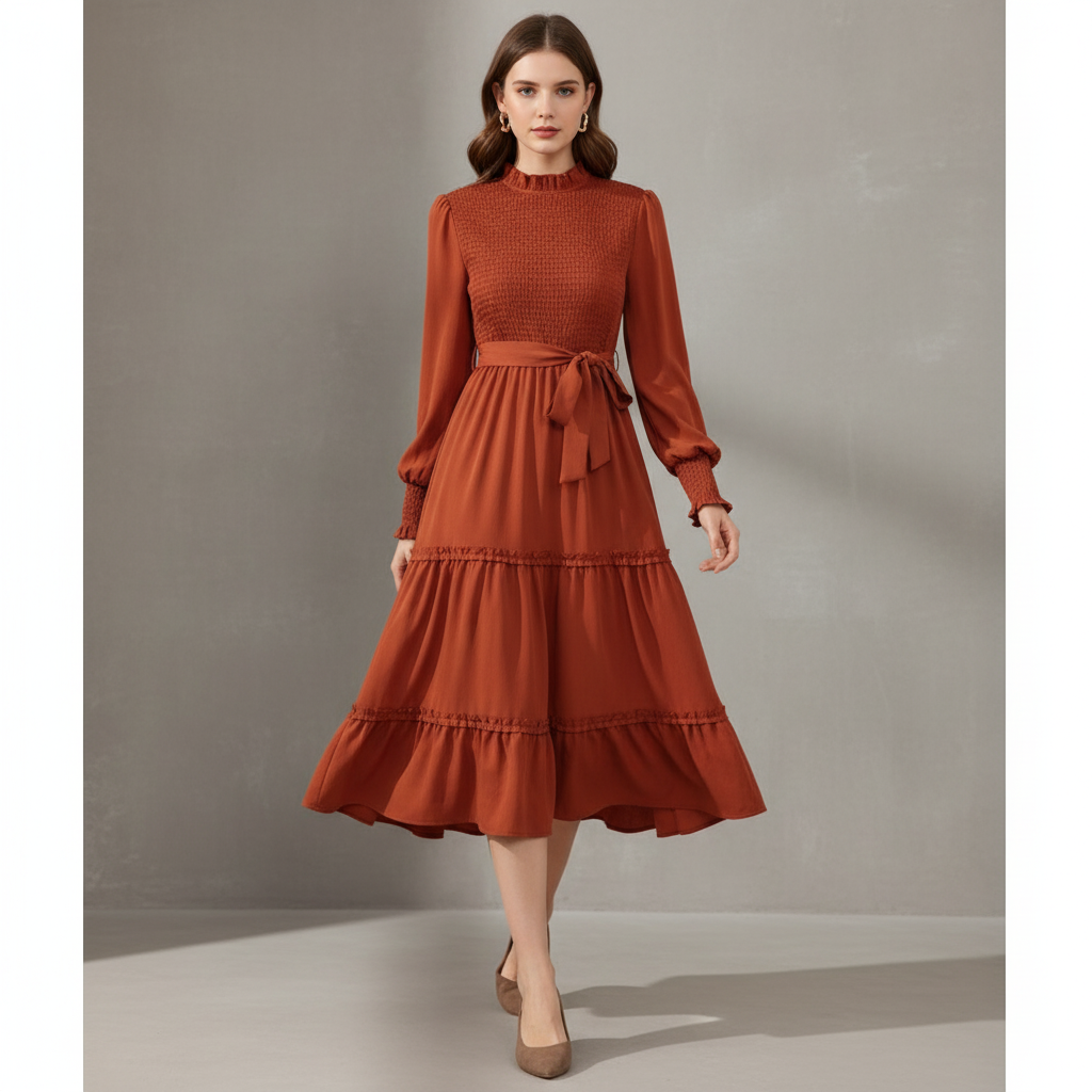 Floral Smocked Ruffle Sleeve Long Midi Dress
