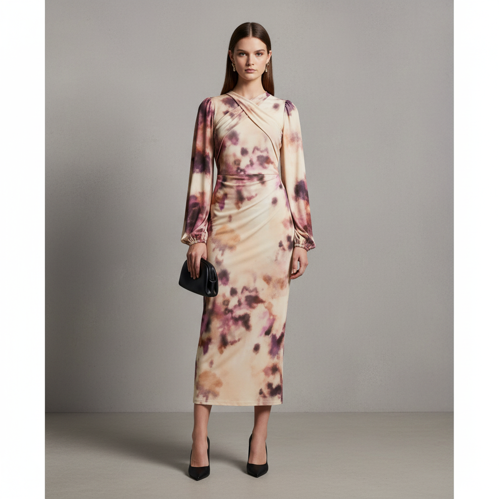 ASOS DESIGN long sleeve twist neck detail midi dress in beige smudged floral