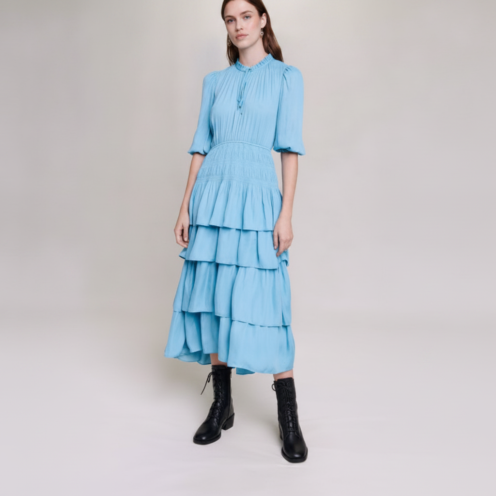Long satiny dress with ruffles