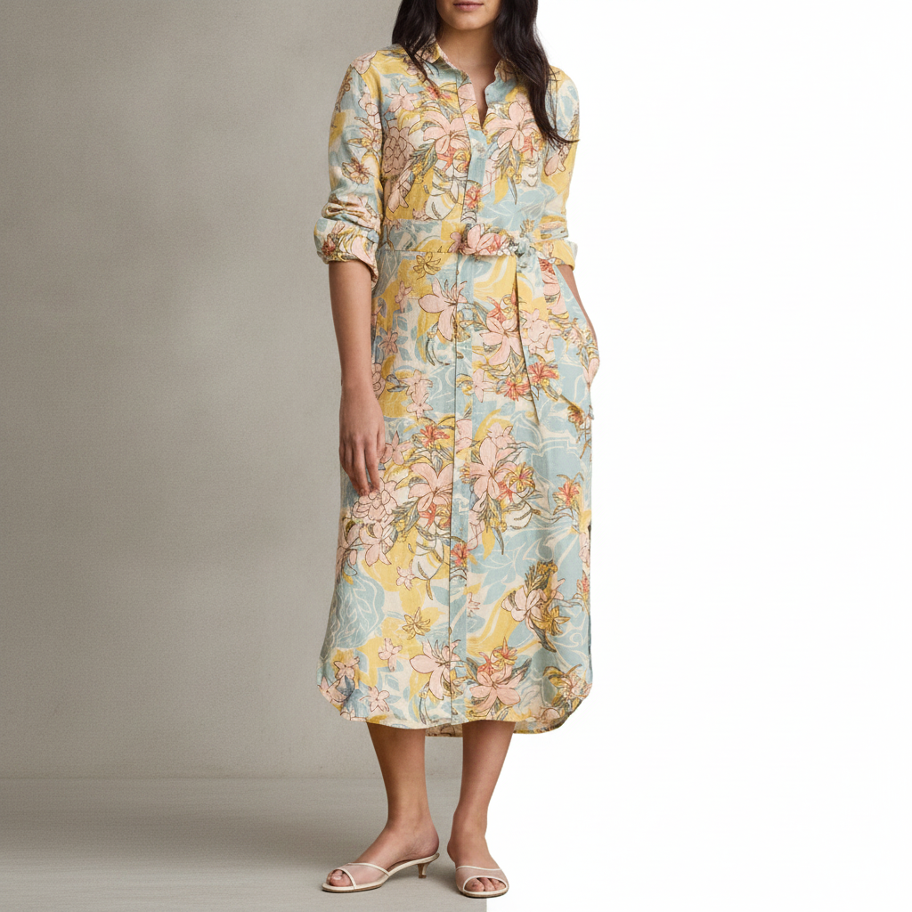 Floral Print Long Sleeve Linen Midi Shirtdress