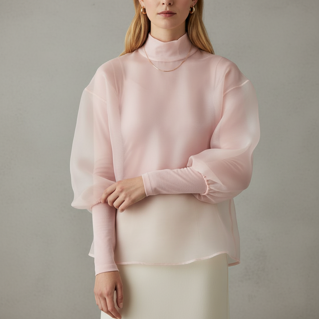 Maeve Sheer Long-Sleeve High-Neck Blousewith baby Pink Abarison Shell underneath - pictured with Baby Pink Abardsion Long Sleeve Fitted Shell