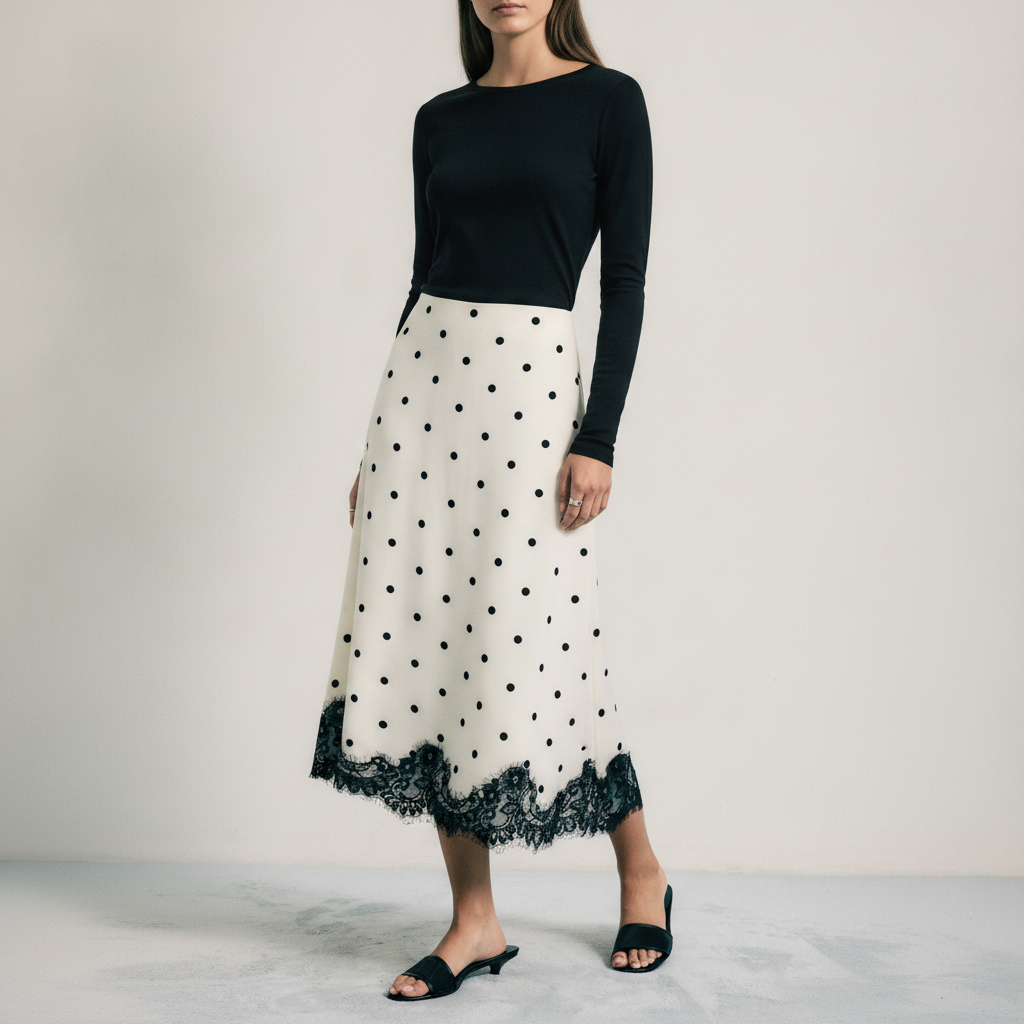 Satin Mid Rise Polka Dot Lace Trim A-line Midi Skirt