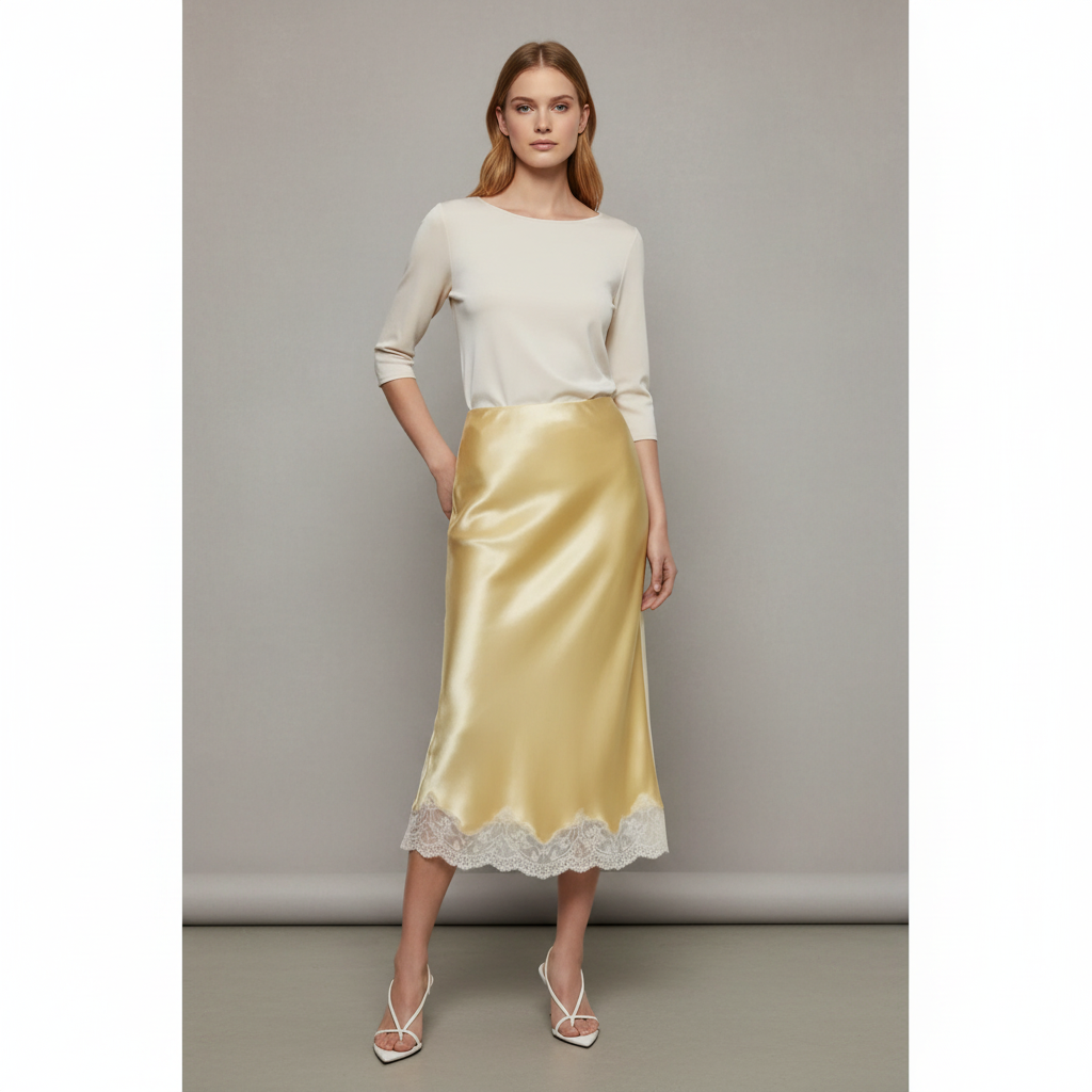 Marisa Bias Cut Lace Trim Satin Skirt