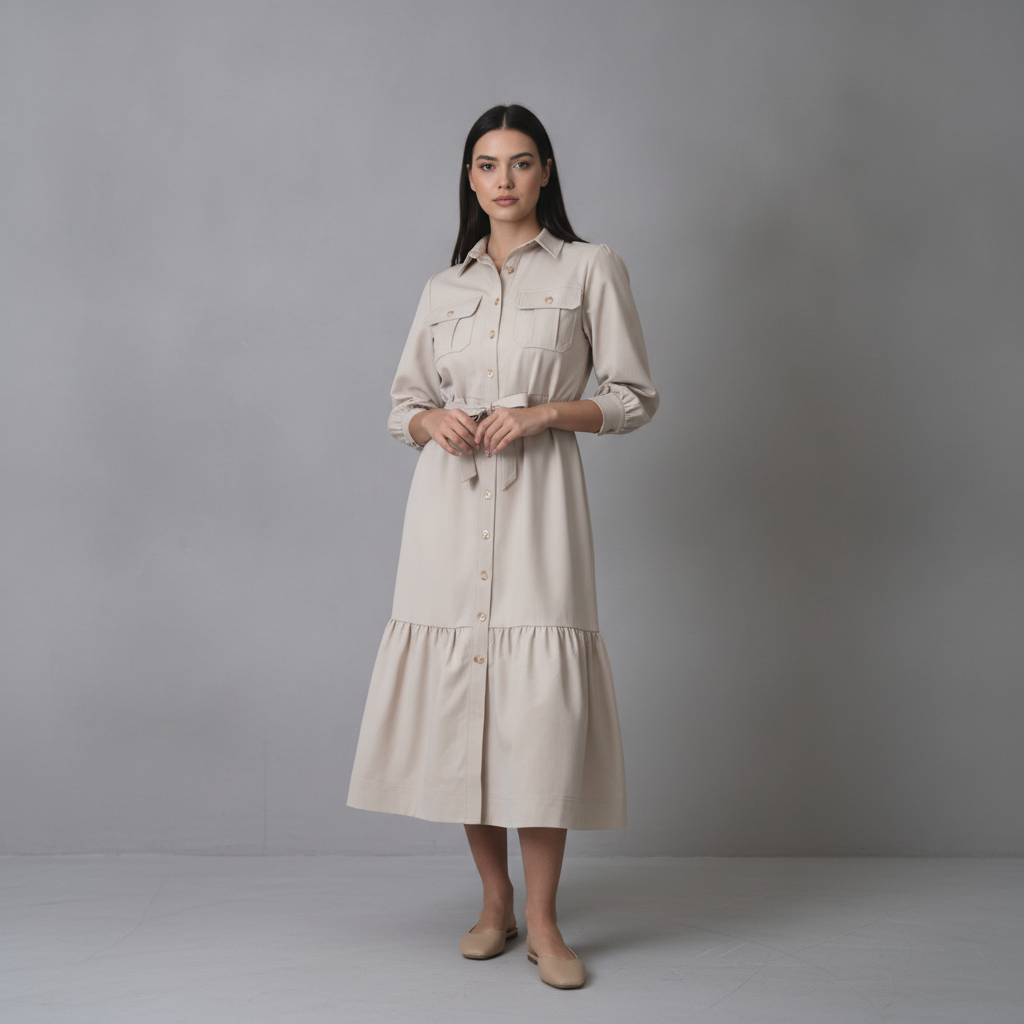 Utility Beige Button Down Dress