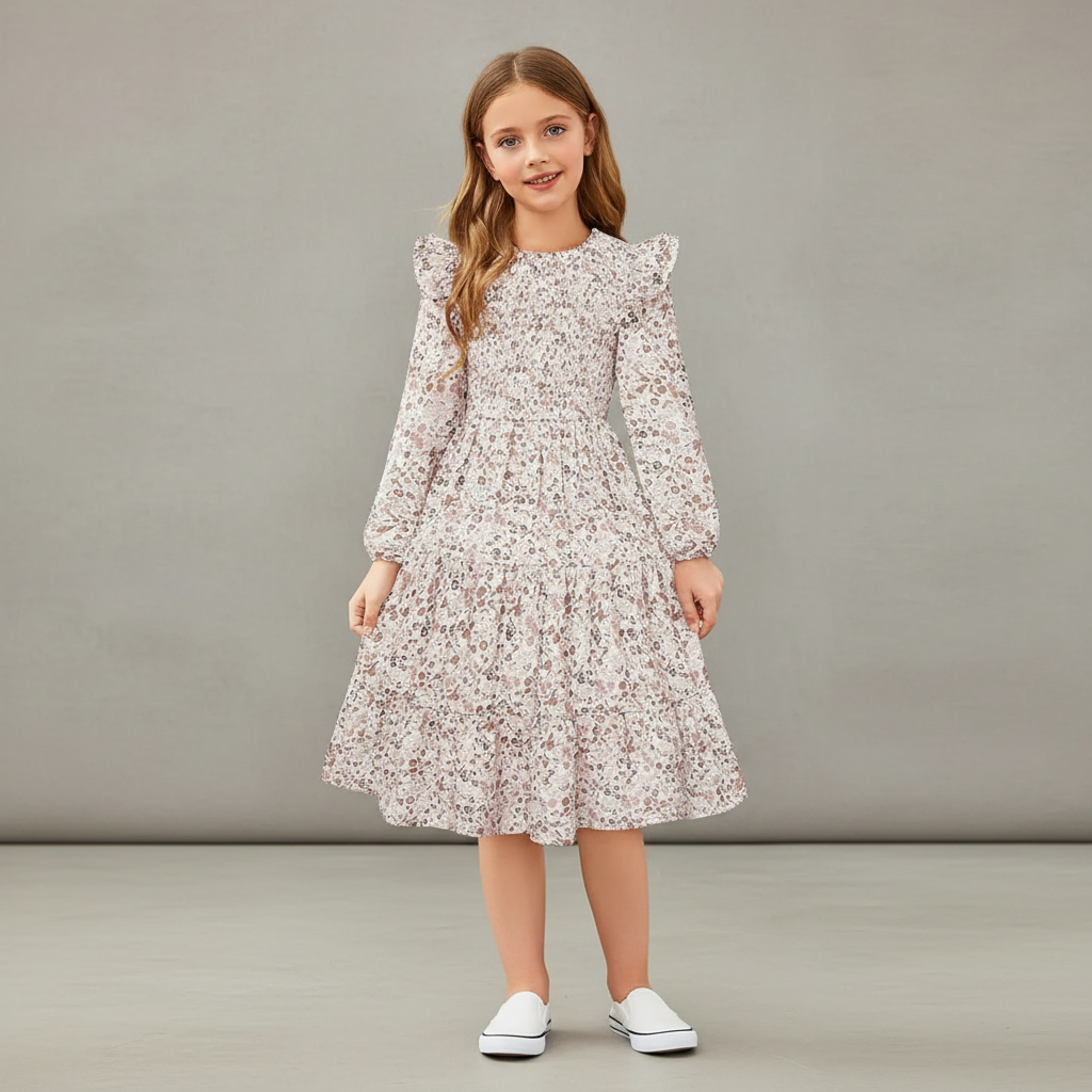 Long Sleeve Floral Dress Ruffle Round Neck